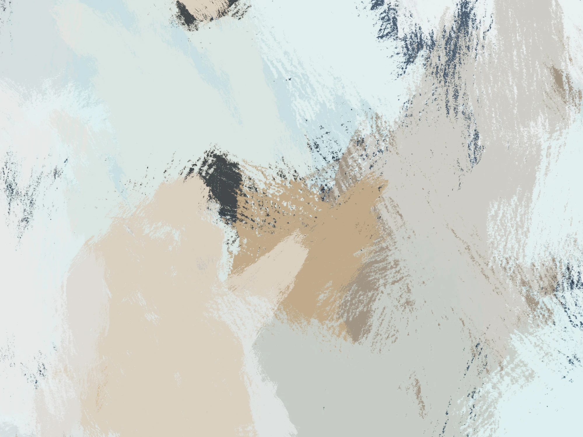 Abstract painting with soft, muted tones of beige, tan, pale blue, and charcoal. The brushstrokes are layered and textured, creating a sense of calm movement and natural fluidity.