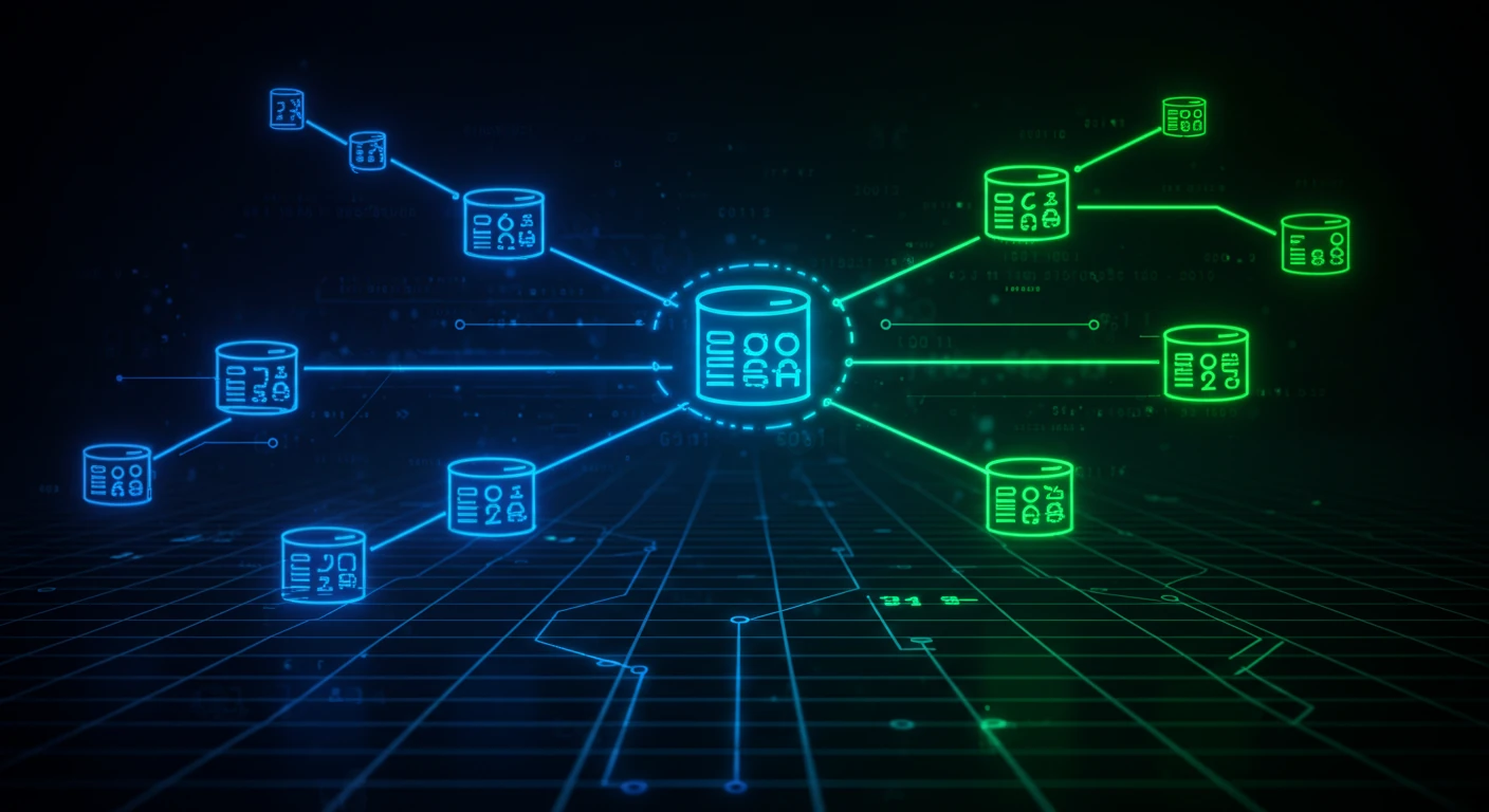 A futuristic interface displaying various data analytics and security metrics is shown. A hand reaches out to interact with the holographic screen, which features icons for data management, security locks, and real-time graphs. The background is dark, emphasizing the glowing blue elements of the digital dashboard, which includes network connections and visualizations of data flow.