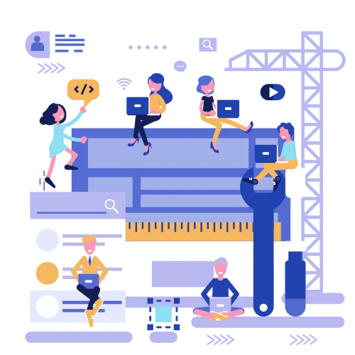 Illustration of a digital workspace with a large monitor, construction tools, and a team working on a custom software project. Elements such as rulers, gears, and a wrench symbolize development, problem-solving, and software engineering in action.