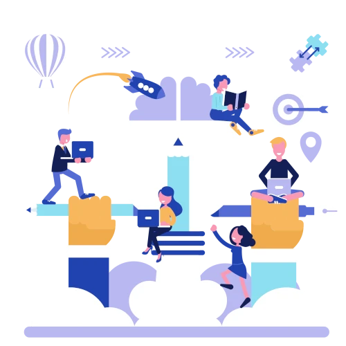 Creative illustration showcasing a large lightbulb as a symbol of innovation, supported by two hands, with individuals working on laptops and design elements like a rocket, puzzle pieces, and a target. The image represents creativity, brainstorming, and strategic design thinking.